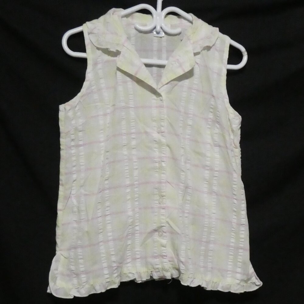 TIME OUT | small | Light Yellow Plaid Sleeveless Button-Up Shirt | Ruffle Trim